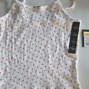 White Ribbed Tank with Tiny Red Floral Print Art Class.